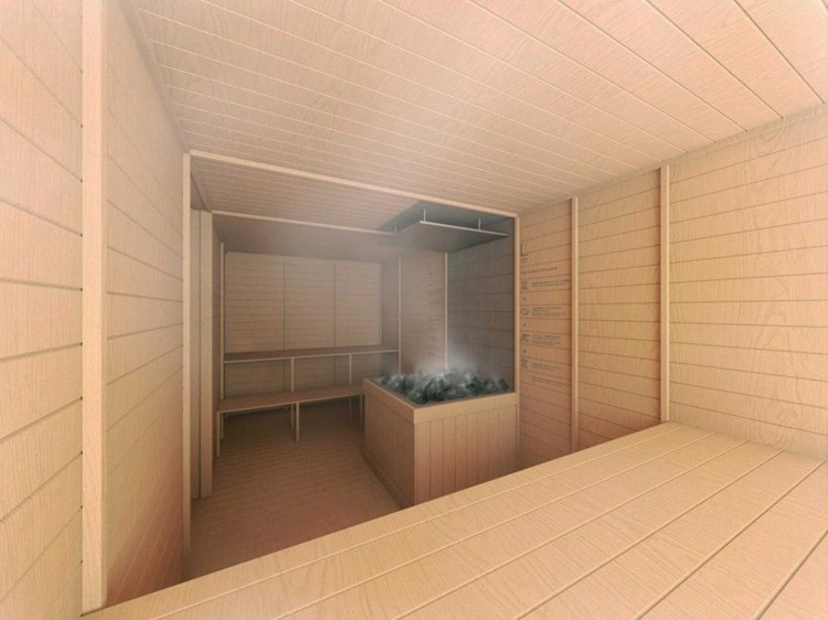 sauna drevo schémy architekti ° C kapsule hotel Tokio interiér