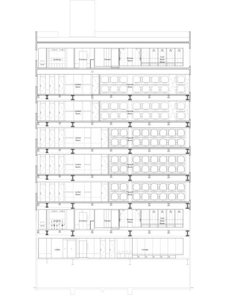 pôdorys distribúcie sauny budova kapsúl Tokio
