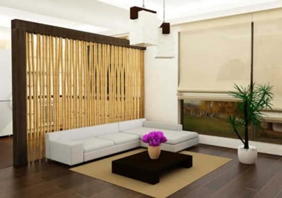 Bambusový nábytok do obývačky s predelením do obývačky a ekologický dizajn