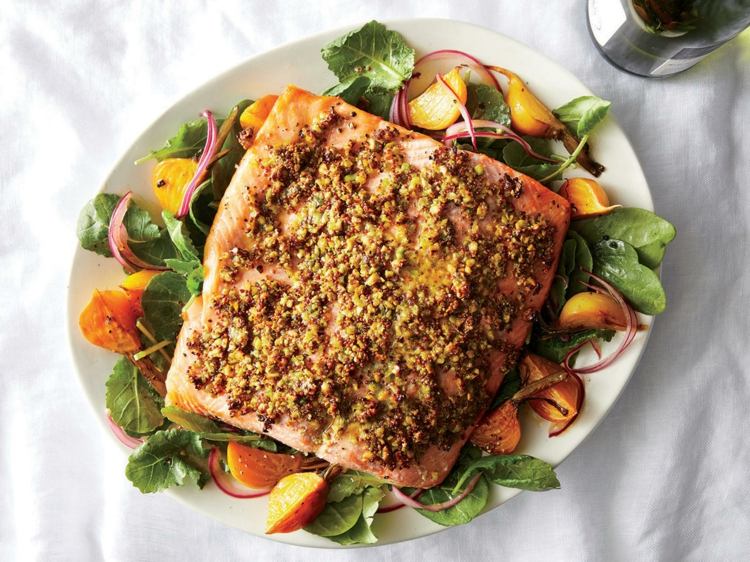 chutné recepty na ryby ľahká pistáciová kôrka z lososovej rúry