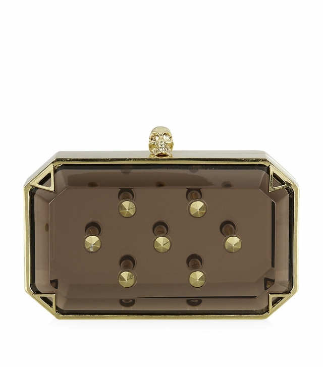 Plastová spojková taška lemovaná zlatými nitmi Alexander McQueen Štvorcová plastová spojková skrinka tmavo hnedá