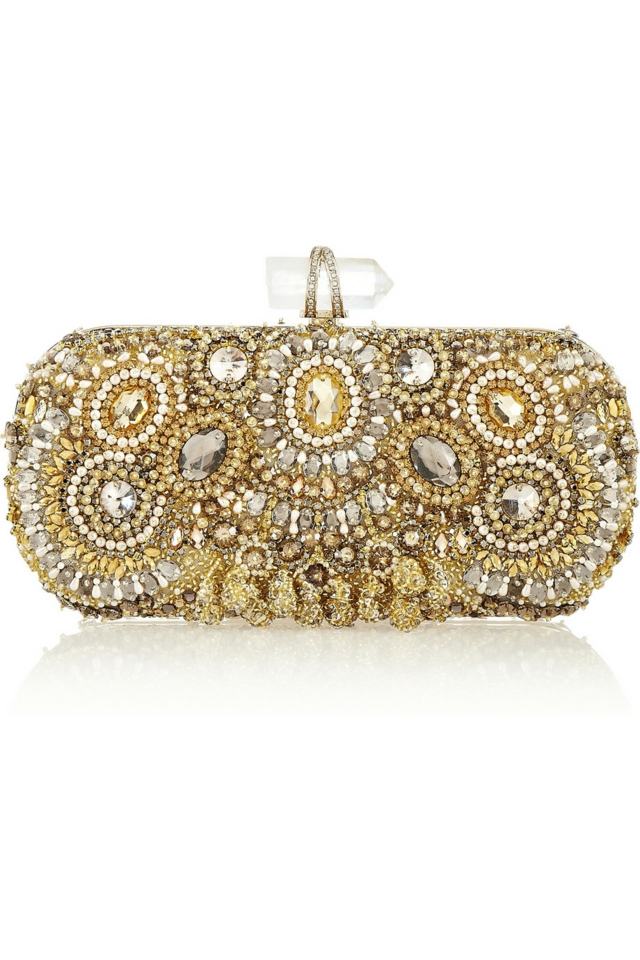 Spojka vyšívaných prvkov MARCHESA v zlatej farbe Spojková taška-pútavé-výšivky-v-zlatej farbe-transparentné-zapínanie