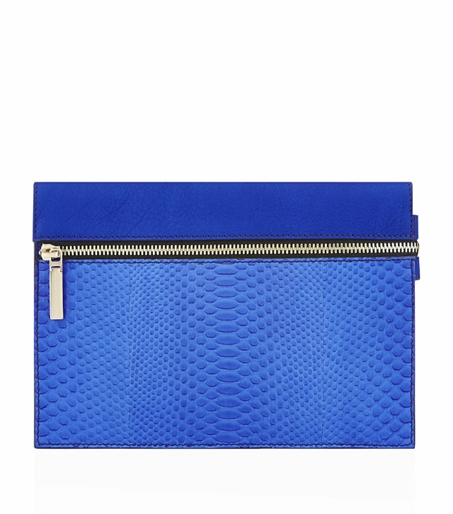 Signálna modrá kožená spojka na zips Victoria Beckham Fialová-signálna-modrá-zlatá-zipsová spojková taška