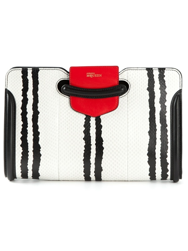 Kožená spojka ALEXANDER MCQUEEN biela s čiernym a červeným zapínaním Rádiová vlnová trojfarebná spojka vyrobená z kože