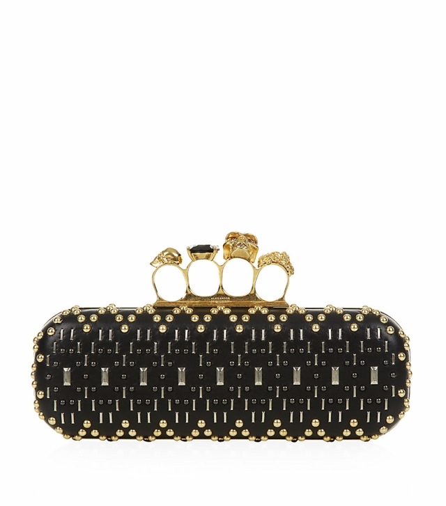 Spojková skrinka Alexander McQueen so zapínaním na šperky a nitmi Dizajnová ozdoba tašky-lebky-kovové nity