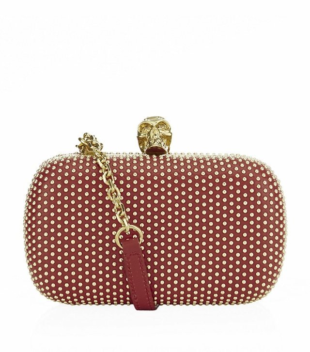 Spojkový box Alexander McQueen so zapínaním na lebku a nitmi Vrecko na predlaktie-červená-so-zlatými nitmi-a-lebkou