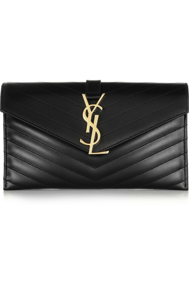 Kožená spojka s logom a prešívaným SAINT LAURENT obdĺžniková kožená spojka so zlatým logom