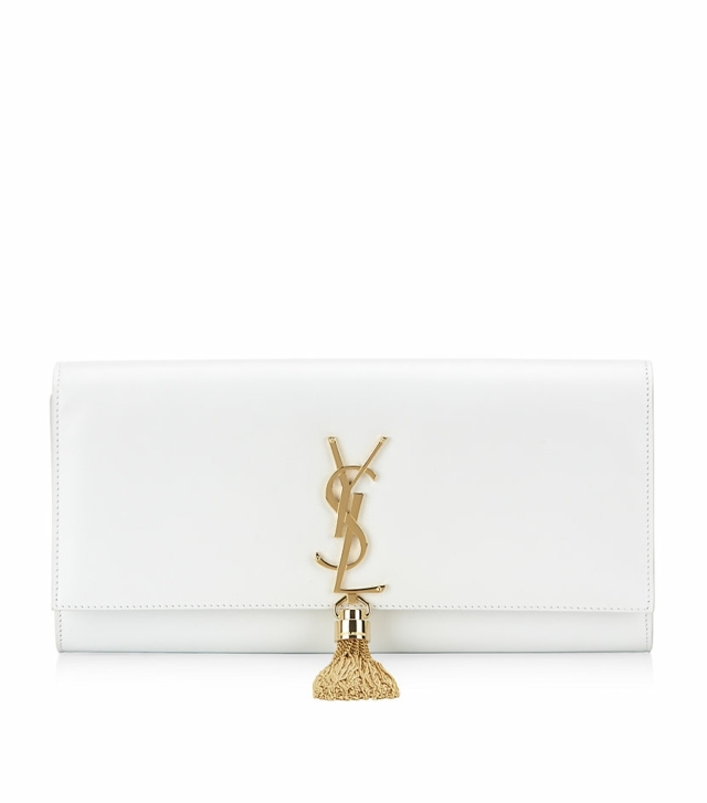 Kožená spojka v bielej farbe s kovovými volánmi Saint Laurent Obdĺžniková spojková taška z hladkej kože