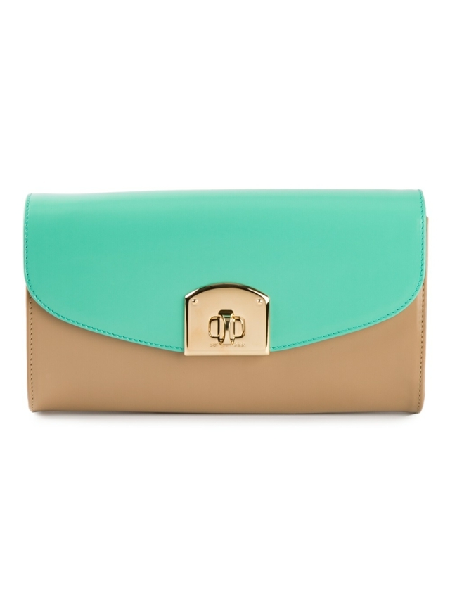 Svetlo zelená béžová kožená spojka s klapkou SERGIO ROSSI dvojfarebná kožená kabelka