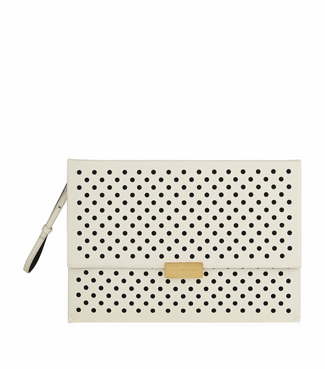 Kožená kabelka spojky biela s bodkami a chlopňou Stella McCartney Dizajnérska spojková taška s bočnou rukoväťou a zlatým zapínaním
