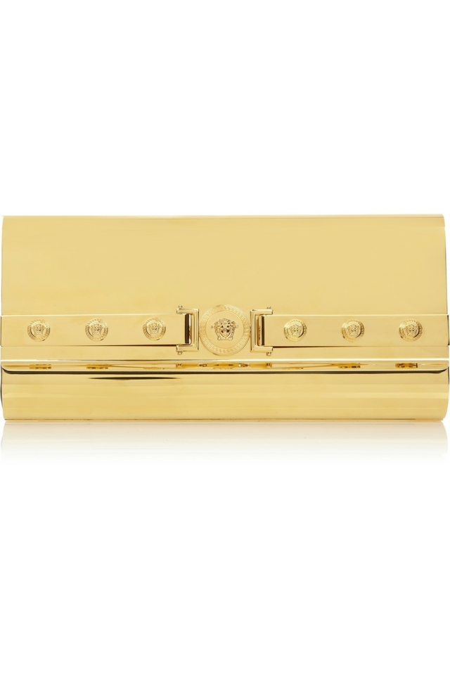 Zlaté kožené vrecko s logom a kovovými prvkami VERSACE Kovové prvky-spojková taška-s klopou