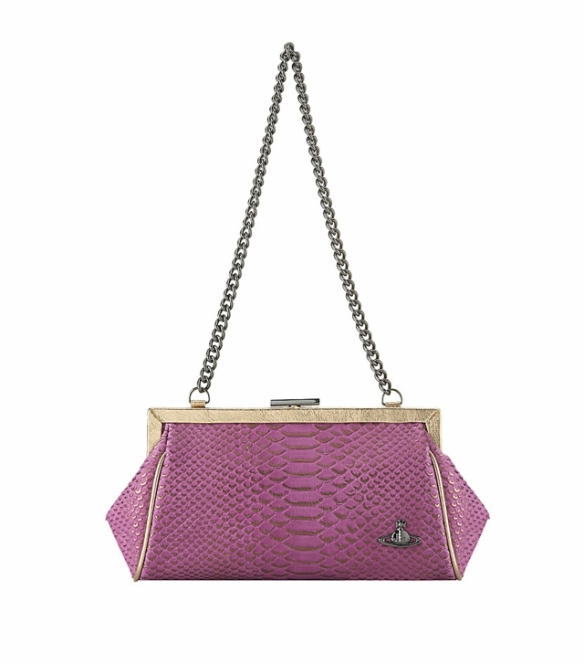 Vivienne Westwood Pailette spojka so vzorom hadej kože Spojková taška s fuchsiovým farebným reťazovým popruhom