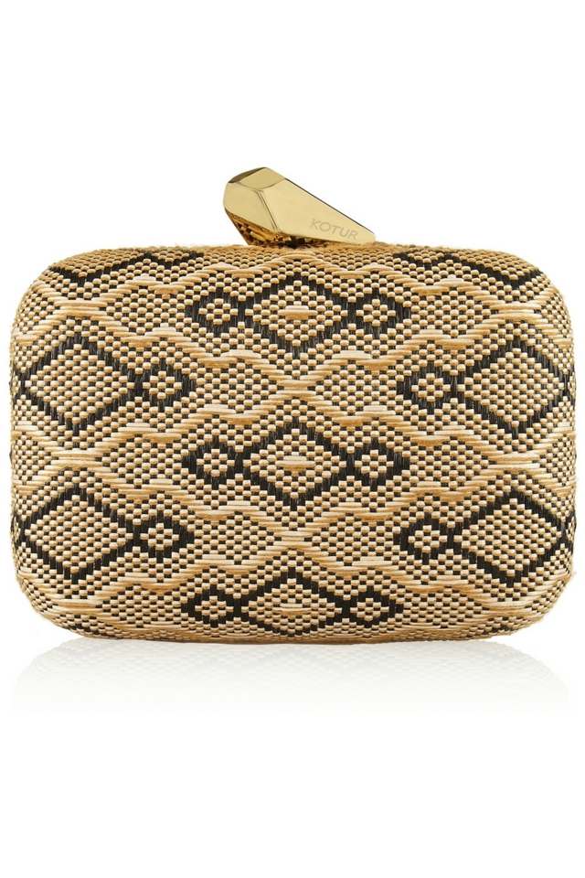 Vyšívaná textilná spojka KOTUR so zlatou rúčkou Spojková taška-značková kabelka-značkový-vzor-v-zlatej farbe