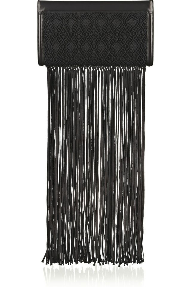 čierna kožená spojka s dlhými strapcami s čipkou Dizajnová kabelka s dlhou okrajovou koženou spojkou