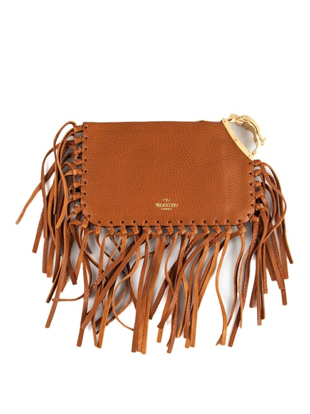 Kožená spojka s strapcami a kovovou rukoväťou na boku VALENTINO GARAVANI malá spojková taška-hnedá-koža