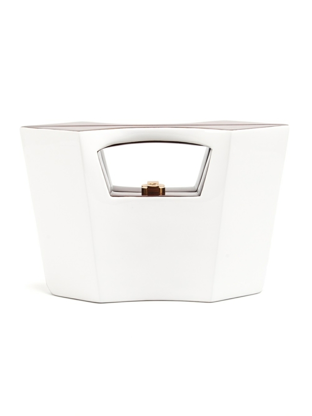 Trapézová hranatá plastová spojka s držadlom v bielej farbe ROCIO Štvorcová plastová biela spojková taška