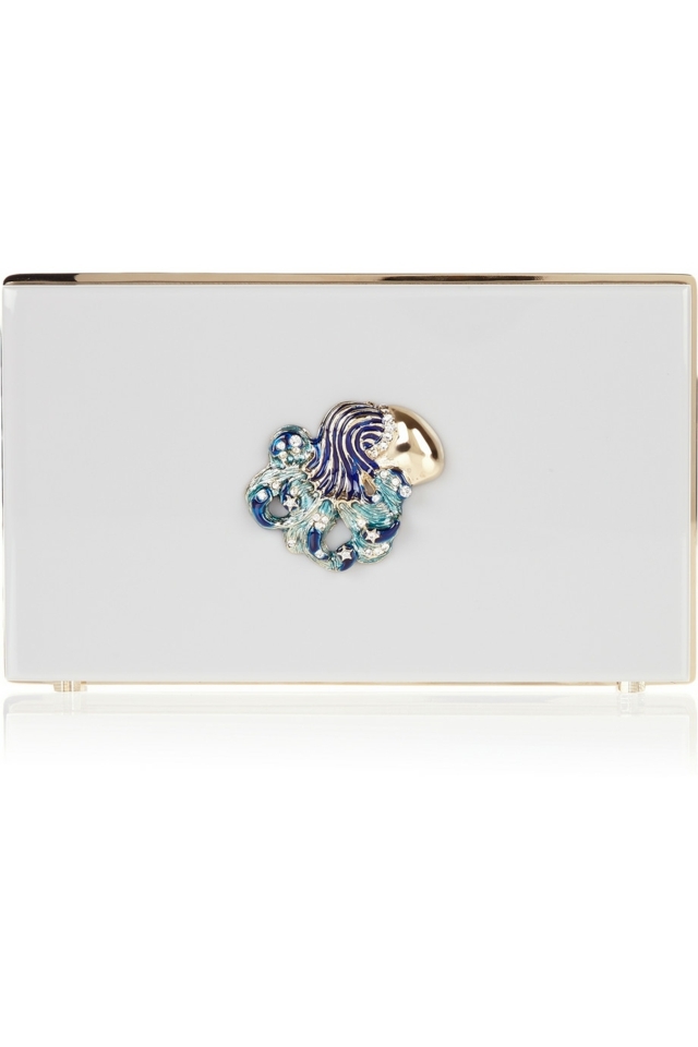 Spojka z akrylového skla CHARLOTTE OLYMPIA s bižutérnou brošňou obdĺžniková spojková taška dizajnérska spojková taška