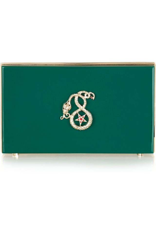 Spojková skrinka CHARLOTTE OLYMPIA v tmavozelenej farbe so zlatými šperkami Dizajnová taška spojkovej skrinky z plexiskla