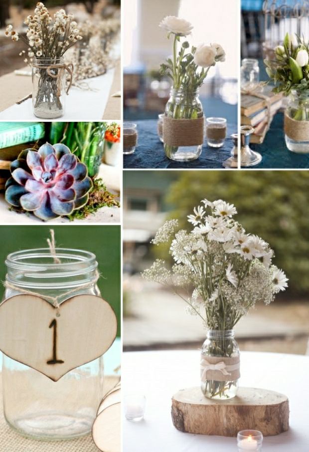 Murárske nádoby so sukulentmi z bielych ruží sukulentný špagát z bielych ruží