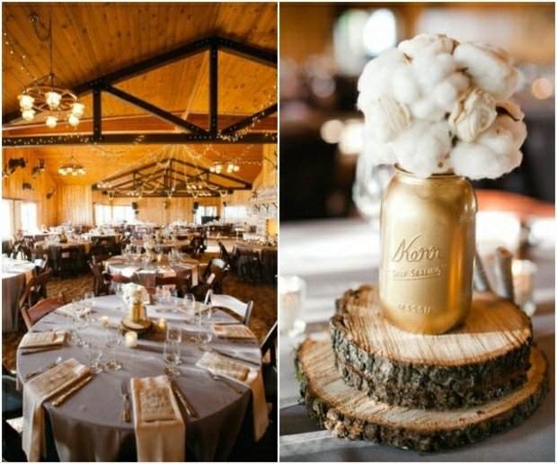 Svadba vo vidieckom štýle - zaváraninové poháre a látkové kvety rustikálne dekorácie na stôl džemy z bavlnenej látky kvety čajové svetlá