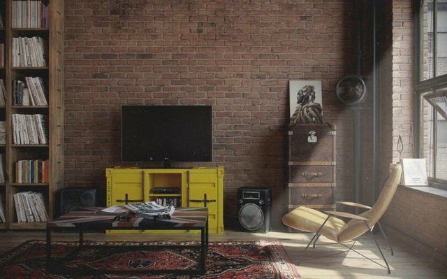 Obývacia izba tehlová stena žltá skrinka na TV skrinky žltá TV skrinka knižnica kožená stolička Kilim