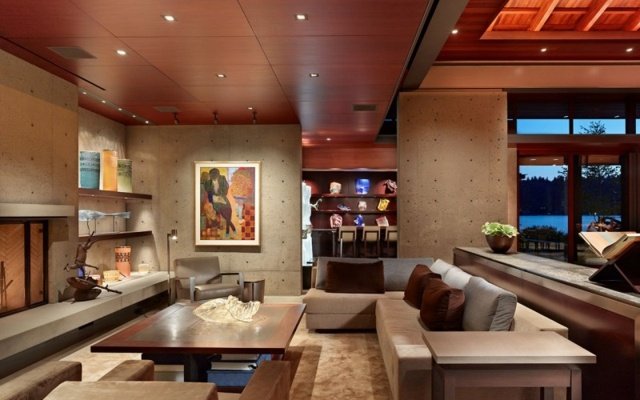 Nápady na dizajn modernej obývacej steny z betónovej steny Nápady na dizajn steny obývačky dekor dreveného nábytku