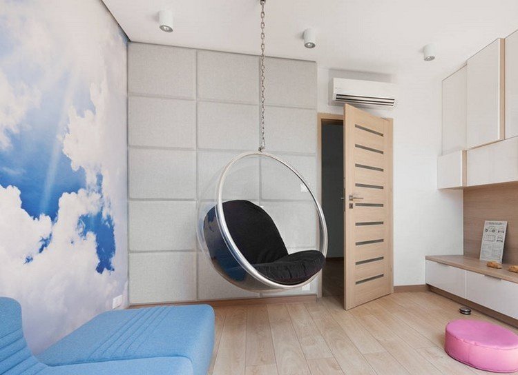 zariadenie pre mládež-zariadenie-bublina-visiace-kreslo-foto-tapeta-mraky-drevená podlaha