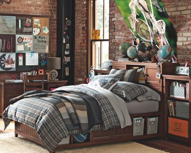 zariadenie-nápady-izba-chlapci-tehlová stena-efektívny-dizajn