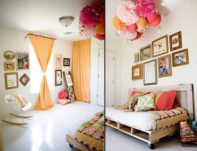 Zostavte si posteľ z drevených paliet-nápady-nábytok-urobte si izbu pre mládež-broskyňovo zafarbené závesy
