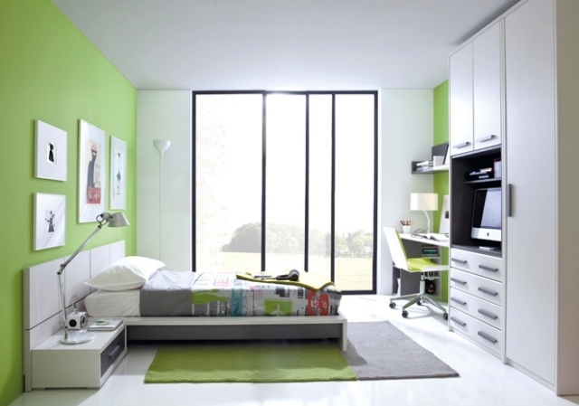 zariadenie miestnosti pre mládež-nápady-biela-vápno-zelená-posuvné-dvere-sklenený balkón