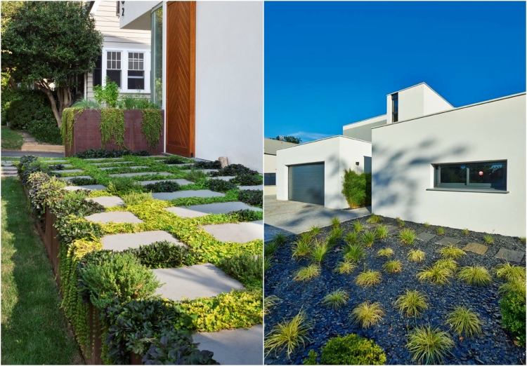 návrh predzáhradky-príklad-zemný kryt-medzi-betónové-dosky-sivé-okrasné-štrk