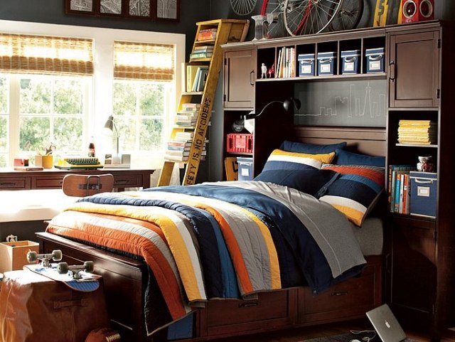 moderný nábytok z polovice storočia-chlapčenská-izba-koliesková posteľ-so-stenou-skriňou