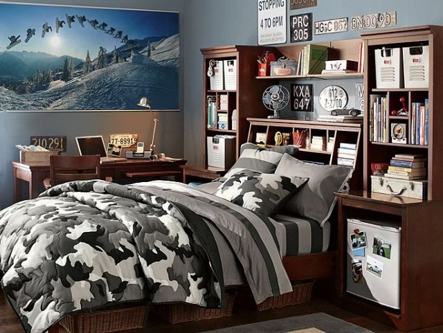 Detská izba-snowboard-stena-deko-fotografie-kamufláž-prehoz