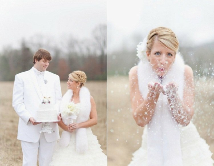 S touto myšlienkou nevesta fúka umelý sneh svadobné fotografie nápady umelý sneh biely ženích oblek svadobné šaty kožušina