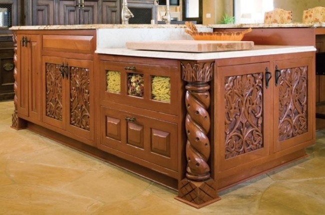 nápady na vyrezávané drevo pre dizajnérsky kuchynský ostrov rustikálny