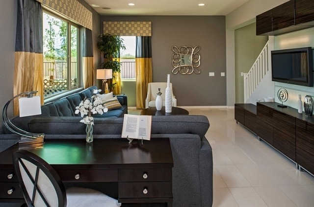 nápady na maľovanie obývačky sivé-záclony-žlto-sivé