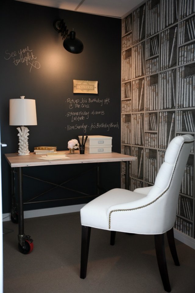 Home-office-blackboard-paint-accent-wall-wallpaper-bookshelves-ilusion