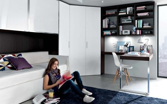 nápady miestnosť pre mládež dievča biely úložný priestor učebný kútik