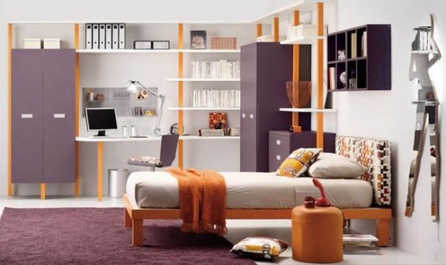 nápady izba pre mládež dievča fialové oranžové police