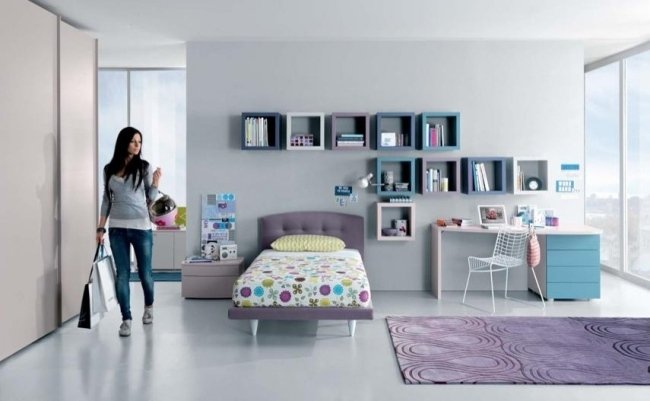 nápady na výzdobu miestnosť pre mládež dievča lila modré nástenné police