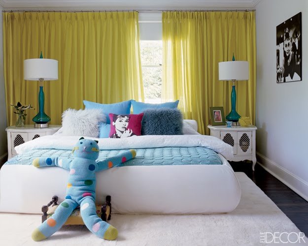 nápady izba pre mládež dievča deco modré žlté záclony