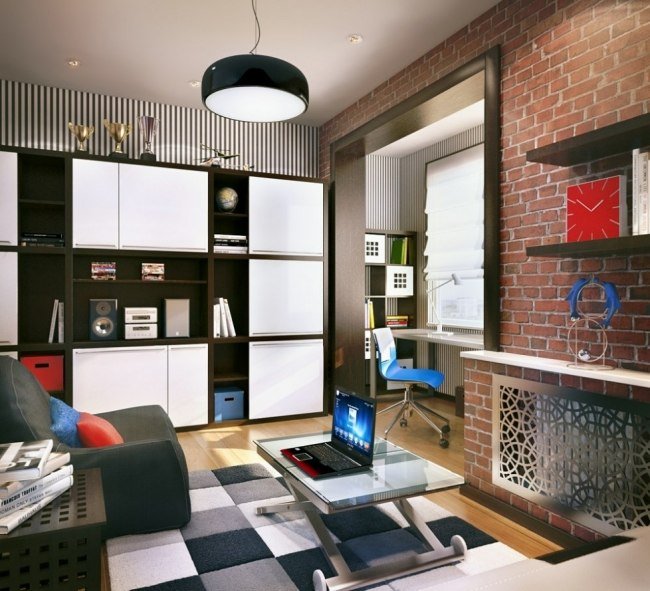 nápady teenager izba tehlová stena tapeta pracovný kút