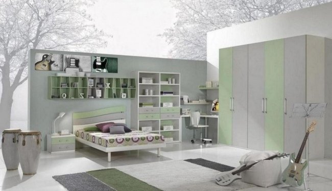 nápady izba pre mládež svetlo šedá zelená chlapec hudobná téma