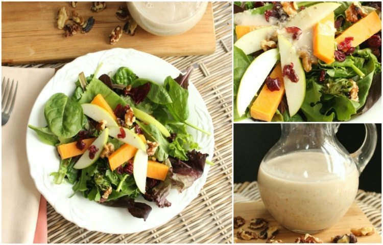 Vinaigretta z javorového sirupu a vlašských orechov so špenátovým šalátom s hruškovými brusnicami a tekvicou