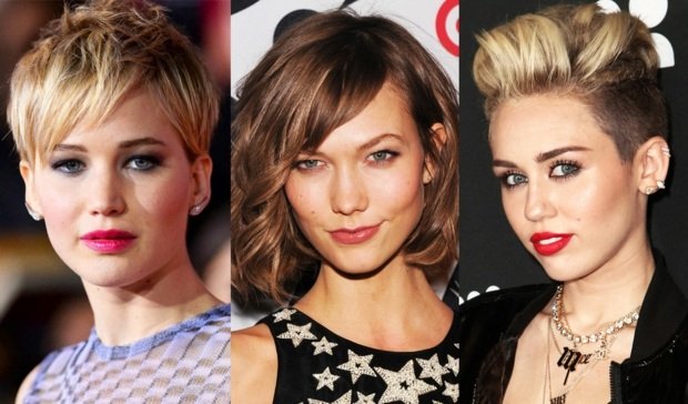 Krátke účesy hviezd - Jennifer Lawrence, Karlie Kloss, Miley Cirus Krátke zrážky Hviezdy okrúhle tváre Miley Cirus