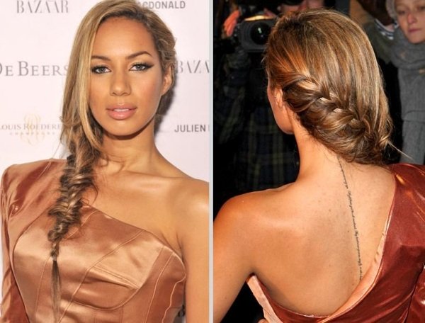 účesy leona lewis s vrkočmi z rybieho kosti voľne padajúce cez rameno