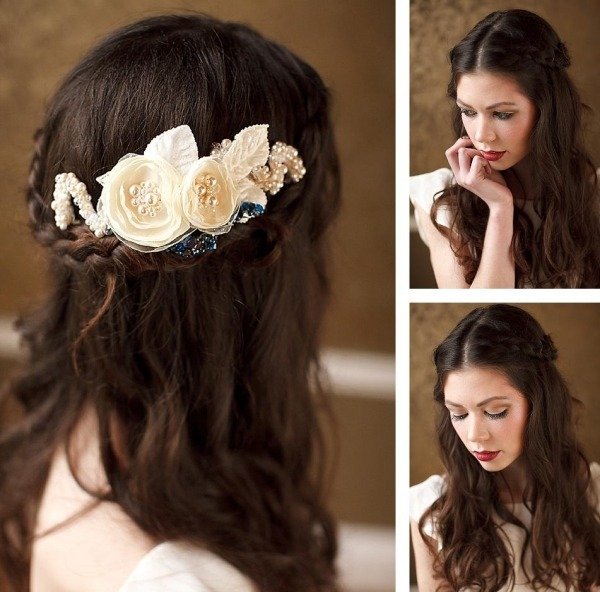 vrkoče na zátylku v boho štýle vlasové doplnky látková kvetinová gumička do vlasov