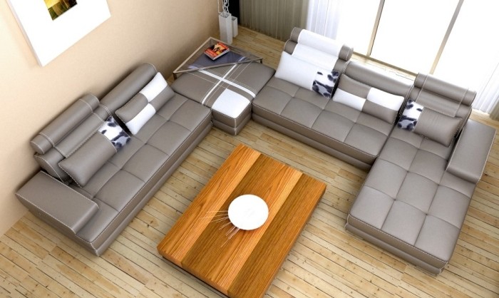 sivá obývacia rohová sedačka v tvare U a s koženým poťahom, drevený konferenčný stolík šedá-koža-rohové sedacie súpravy-konferenčný stolík v tvare U-moderný