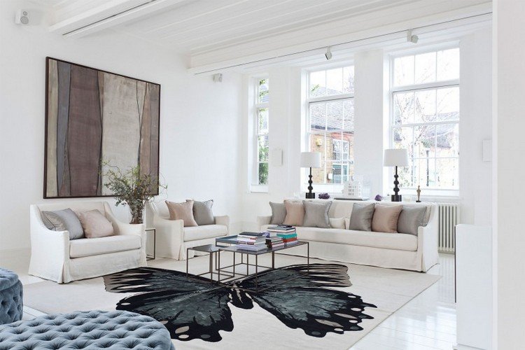 nápady-obývacia izba-ecru-pastelové farby-béžový-koberec-motýľ