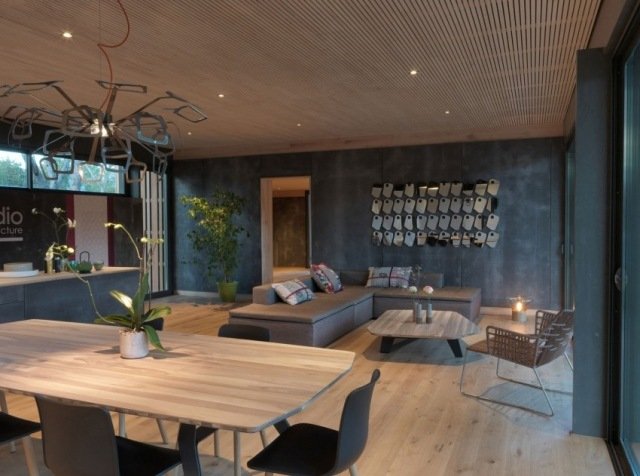 nápady pre obývaciu izbu s jedálenským kútom dyhované stoly extravagantné kovové lustre